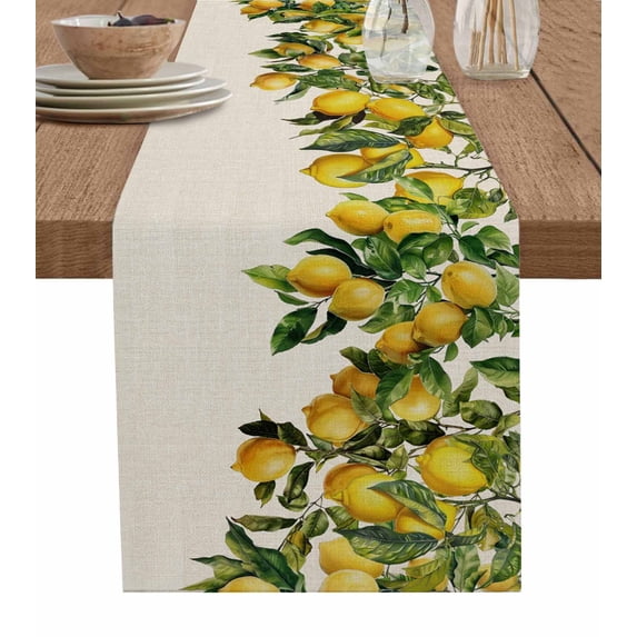 Ldtrchee Summer Lemon Table Runner 72 Inches, Green Botancial Summer Yellow Fruits Rustic Bed Runner Dresser Scarves Tabletop for Indoor Outdoor Parties/Ceremony/Banquet, 16" x 72"