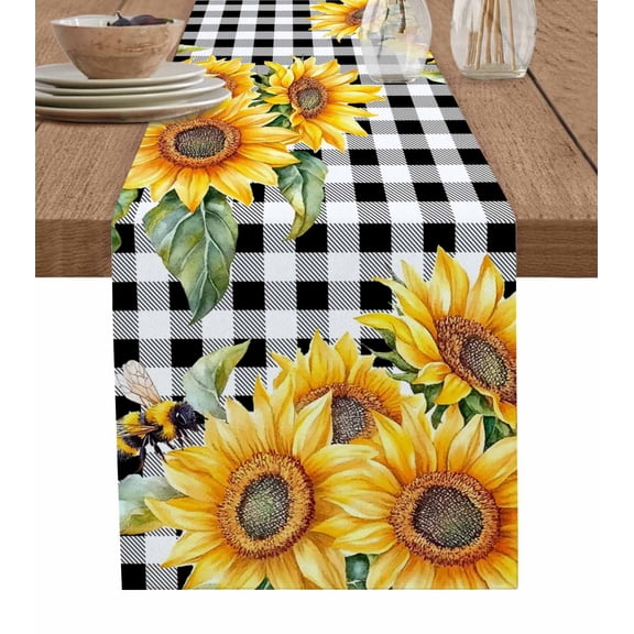 Ldtrchee Sunflower Bee Table Runner 48 Inches, Black White Lattice Yellow Floral Flower Bed Runner Dresser Scarves Tabletop for Indoor Outdoor Parties/Ceremony/Banquet, 13" x 48"