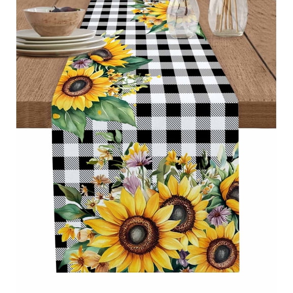 Ldtrchee Sunflower Plaid Table Runner 72 Inches, Black White Checkered Yellow Floral Bed Runner Dresser Scarves Tabletop for Indoor Outdoor Parties/Ceremony/Banquet, 14" x 72"