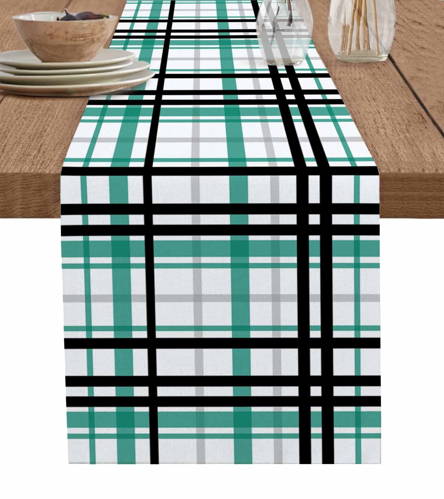 Ldtrchee Teal Black Plaid Table Runner 36 Inches, Farmhouse Teal Black Checkered Bed Runner Dresser Scarves Tabletop for Indoor Outdoor Parties/Ceremony/Banquet, 13"x 36"