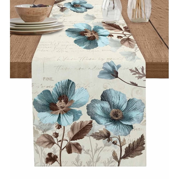 Ldtrchee Teal Blue Tulip Table Runner 72 Inches, Vintage Brown Flowers Elegant Plant Bed Runner Dresser Scarves Tabletop for Indoor Outdoor Parties/Ceremony/Banquet, 18" x 72"