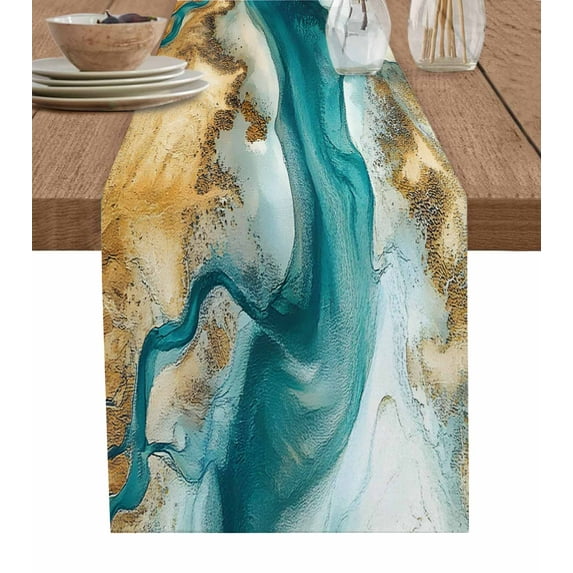 Ldtrchee Teal Brown Table Runner 60 Inches, Contemporary Abstract Art Modern Bed Runner Dresser Scarves Tabletop for Indoor Outdoor Parties/Ceremony/Banquet, 13" x 60"