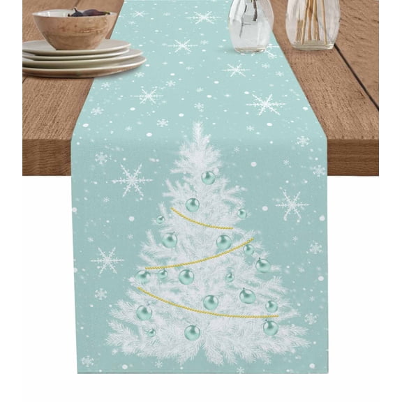 Ldtrchee Teal Green Christmas Tree Table Runner 36 Inches, Balls Snowflake Xmas Tree Bed Runner Dresser Scarves Tabletop for Indoor Outdoor Parties/Ceremony/Banquet, 13"x 36"