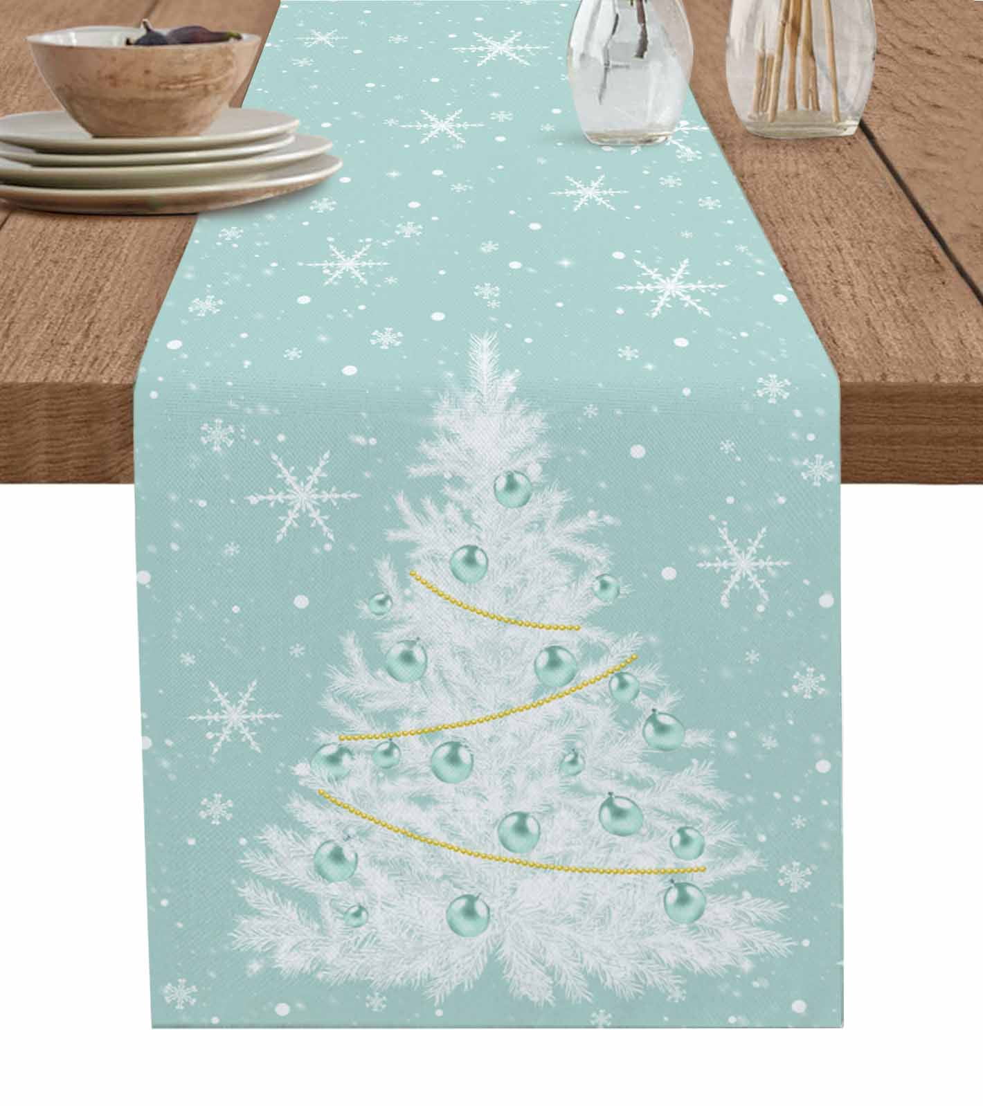 Ldtrchee Teal Green Christmas Tree Table Runner 90 Inches, Balls Snowflake Xmas Tree Bed Runner Dresser Scarves Tabletop for Indoor Outdoor Parties/Ceremony/Banquet, 13" x 90"