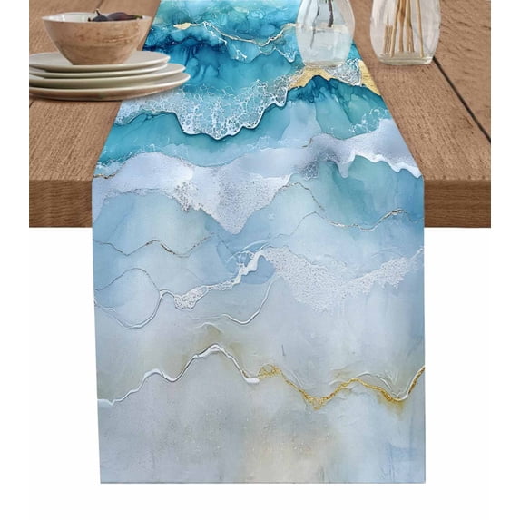 Ldtrchee Teal Ombre Table Runner 72 Inches, Modern Coastal Ink Painted Abstract Bed Runner Dresser Scarves Tabletop for Indoor Outdoor Parties/Ceremony/Banquet, 14" x 72"