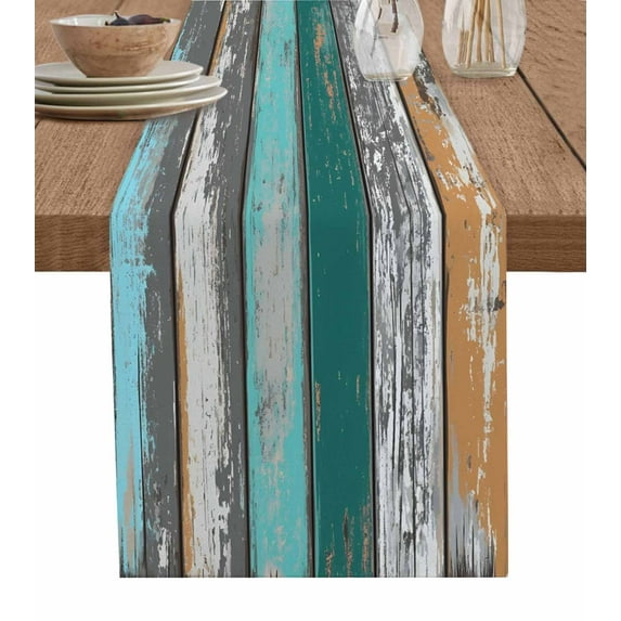Ldtrchee Teal Orange Grey Table Runner 90 Inches, Farmhouse Vintage Wooden Bed Runner Dresser Scarves Tabletop for Indoor Outdoor Parties/Ceremony/Banquet, 13" x 90"
