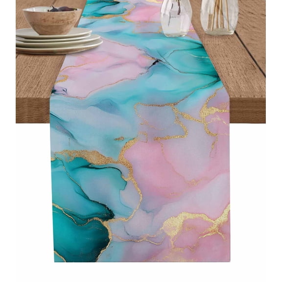 Ldtrchee Teal Pink Marble Table Runner 36 Inches, Abstract Ink Painting Modern Luxury Bed Runner Dresser Scarves Tabletop for Indoor Outdoor Parties/Ceremony/Banquet, 13"x 36"