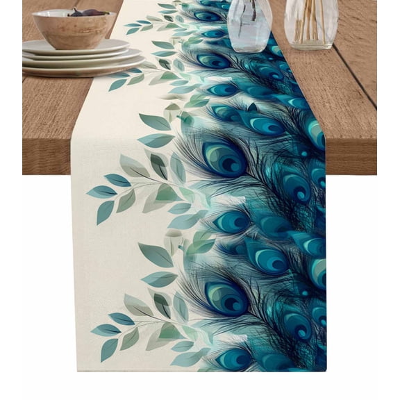 Ldtrchee Teal Turquoise Table Runner 48 Inches, Peacock Feathers Aesthetics Eucalyptus Bed Runner Dresser Scarves Tabletop for Indoor Outdoor Parties/Ceremony/Banquet, 13" x 48"