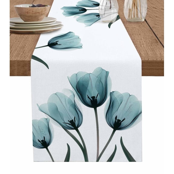 Ldtrchee Teal Turquoise Tulip Table Runner 48 Inches, Botanical Floral Petal Plants Bed Runner Dresser Scarves Tabletop for Indoor Outdoor Parties/Ceremony/Banquet, 13" x 48"