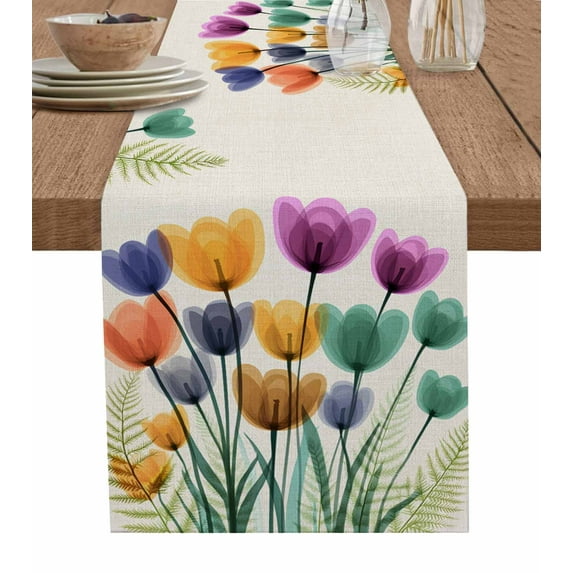 Ldtrchee Tulips Countryside Table Runner 120 Inches, Purple Blue Colorful Flowers Field Bed Runner Dresser Scarves Tabletop for Indoor Outdoor Parties/Ceremony/Banquet, 13"x 120"