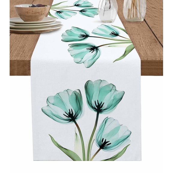 Ldtrchee Turquoise Aqua Tulips Table Runner 48 Inches, Watercolor Floral Wildflower Bed Runner Dresser Scarves Tabletop for Indoor Outdoor Parties/Ceremony/Banquet, 13" x 48"