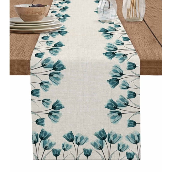 Ldtrchee Turquoise Flower Table Runner 72 Inches, Retro Field Tulip Floral Boho Floral Bed Runner Dresser Scarves Tabletop for Indoor Outdoor Parties/Ceremony/Banquet, 16" x 72"