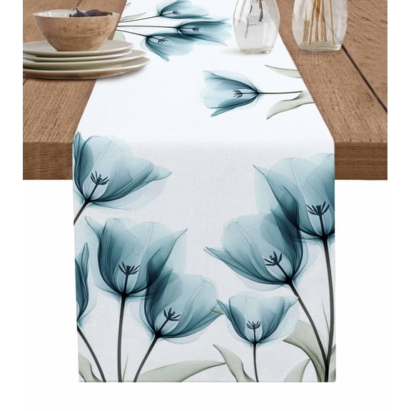 Ldtrchee Turquoise Tulip Table Runner 48 Inches, Spring Floral Pastoral Flower Aesthetics Bed Runner Dresser Scarves Tabletop for Indoor Outdoor Parties/Ceremony/Banquet, 13" x 48"