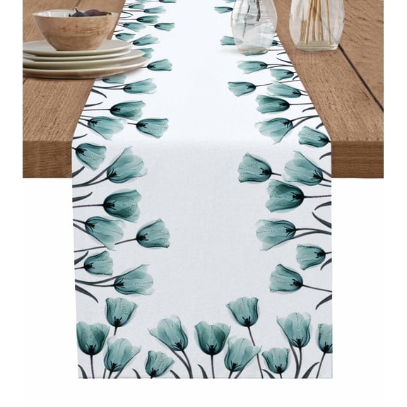Ldtrchee Turquoise White Tulip Table Runner 36 Inches, Spring Plant Leaf Flower Floral Bed Runner Dresser Scarves Tabletop for Indoor Outdoor Parties/Ceremony/Banquet, 13"x 36"