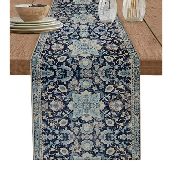 Ldtrchee Vintage Flower, Oriental Boho Tribal Blue Table Runner 60 Inches, Bed Runner Dresser Scarves Tabletop for Indoor Outdoor Parties/Ceremony/Banquet, 13" x 60"