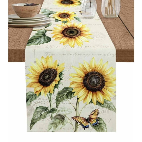 Ldtrchee Vintage Sunflower Table Runner 120 Inches, Country Retro Butterfly Yellow Floral Bed Runner Dresser Scarves Tabletop for Indoor Outdoor Parties/Ceremony/Banquet, 13"x 120"