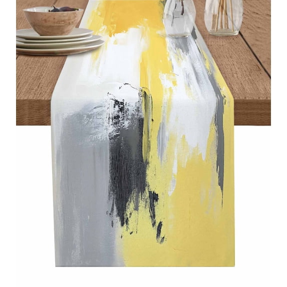 Ldtrchee Yellow Gray Table Runner 72 Inches, Modern Oil Painted Abstract Geometric Bed Runner Dresser Scarves Tabletop for Indoor Outdoor Parties/Ceremony/Banquet, 13" x 72"