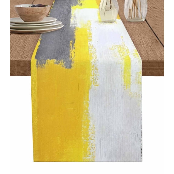 Ldtrchee Yellow Grey Table Runner 72 Inches, Abstract Oil Painted Modern Geometric Bed Runner Dresser Scarves Tabletop for Indoor Outdoor Parties/Ceremony/Banquet, 18" x 72"