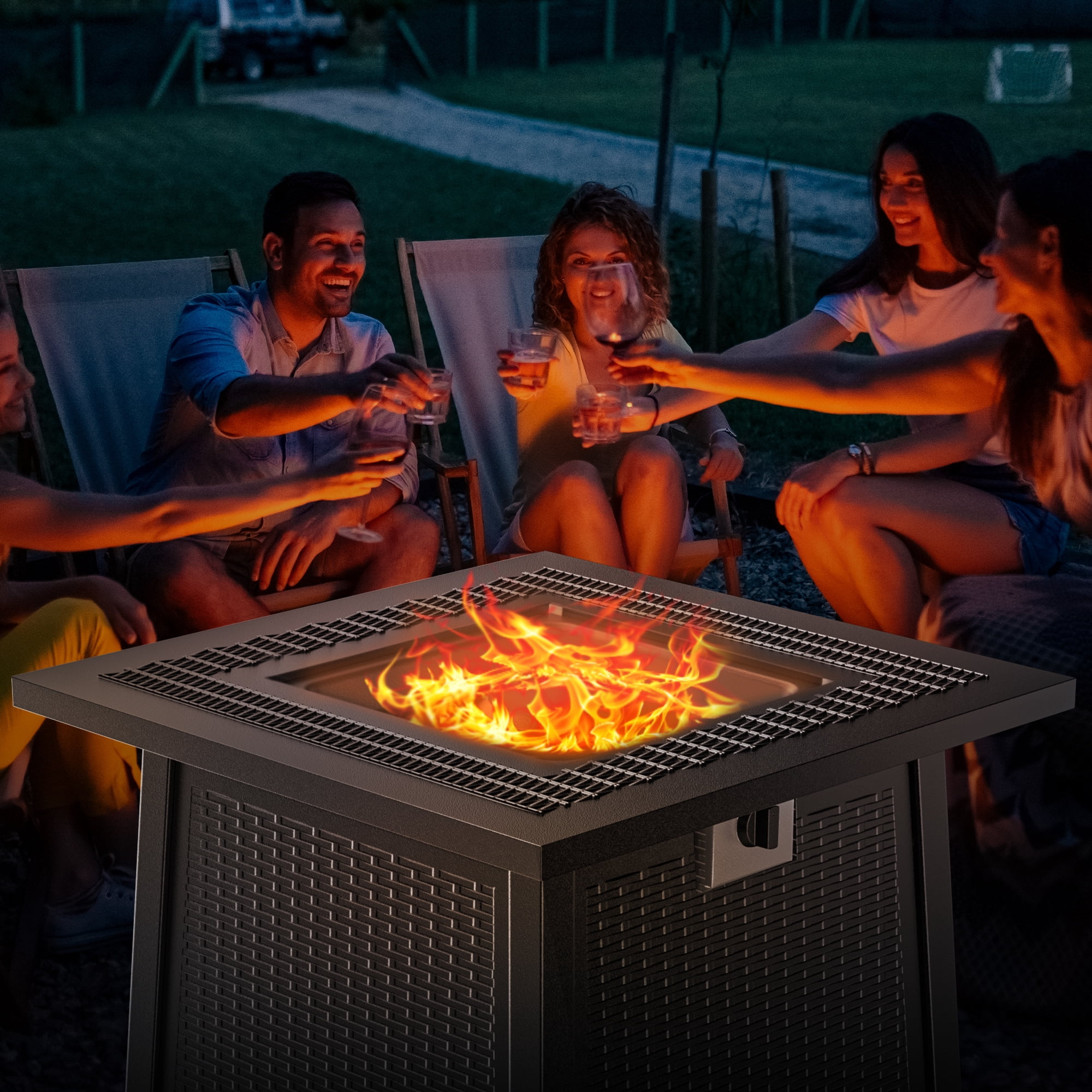WFUN 28 Inch Square Propane Steel Gas Fire Pits Table Ceramic Tabletop 50,000 BTU with Cover for Outdoor, Wicker Grey