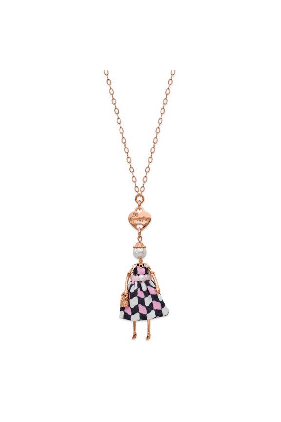 Rose-tone Sim. Pearl Pink Checkered Doll Necklace