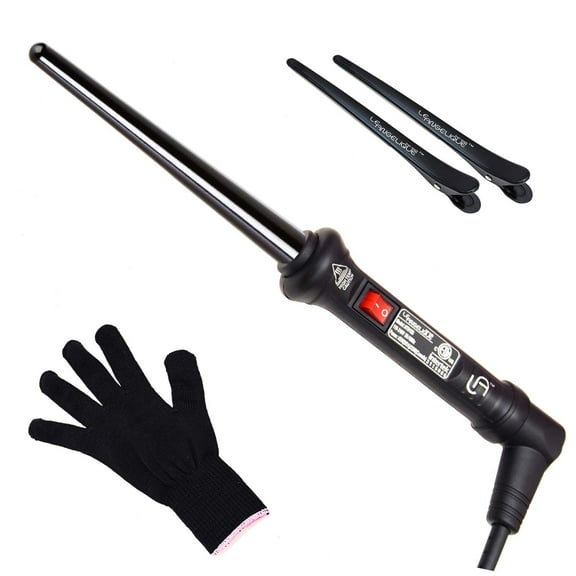 Le Angelique 1/4 to 3/4 Inch Tapered Ceramic Curling Wand for Thin Hair & Tight Curls - 9-18mm Professional Clipless Curler Iron with Glove and 2 Clips | 430F Instant Heat | Dual Voltage - Black