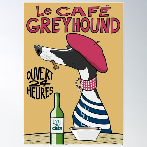 Le Café Greyhound Poster Wall Art, Modern Wall Decor For Living Room Bedroom, 8x12 UNFRAMED