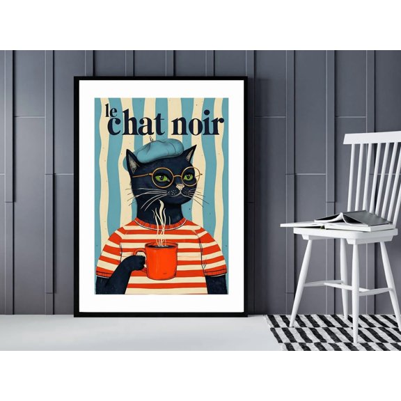 Le Chat Noir French Cat Wall Art Poster Vintage Style Black Cat With Coffee Cup Glasses Beret Retro Parisian Kitchen Decor Print