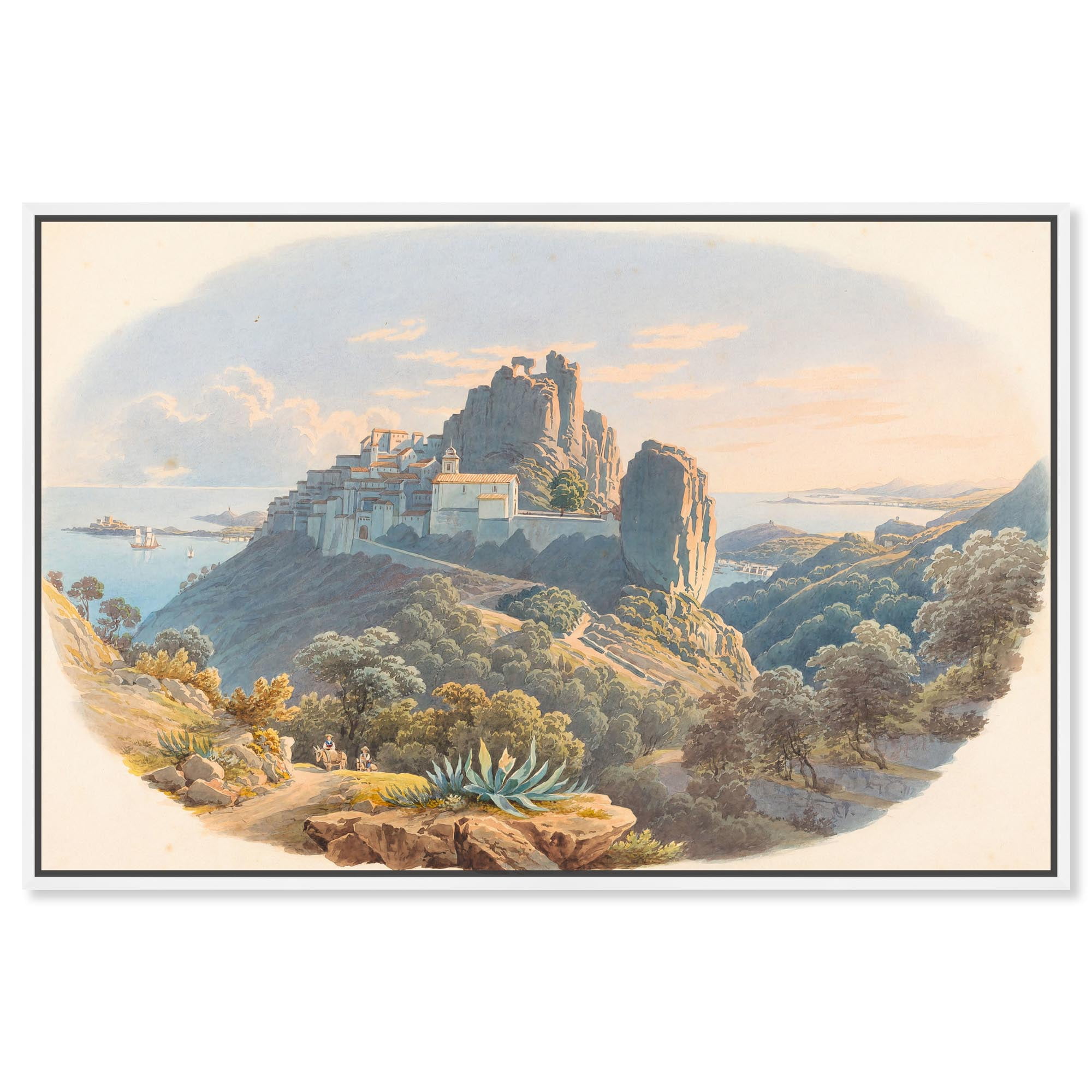 Le Chateau d Eze Vintage Canvas Art Print with White Frame