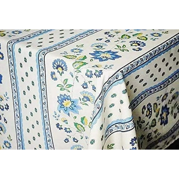 Le Cluny French Provence Tablecloth, 52" x 72" Rectangular, Coated Cotton Easy Care, Fayence Cream Blue