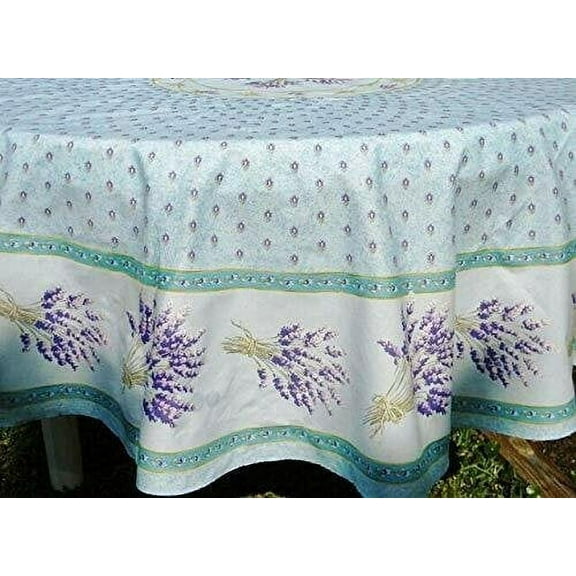 Le Cluny French Provence Tablecloth, 70" Round, Coated Cotton Easy Care, Lavender Light Blue