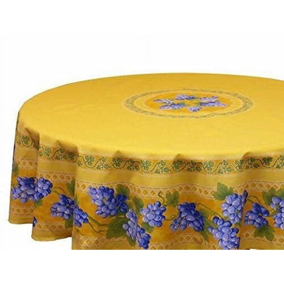 Le Cluny French Provence Tablecloth, 70" Round, Coated Cotton Easy Care, Yellow Grapes