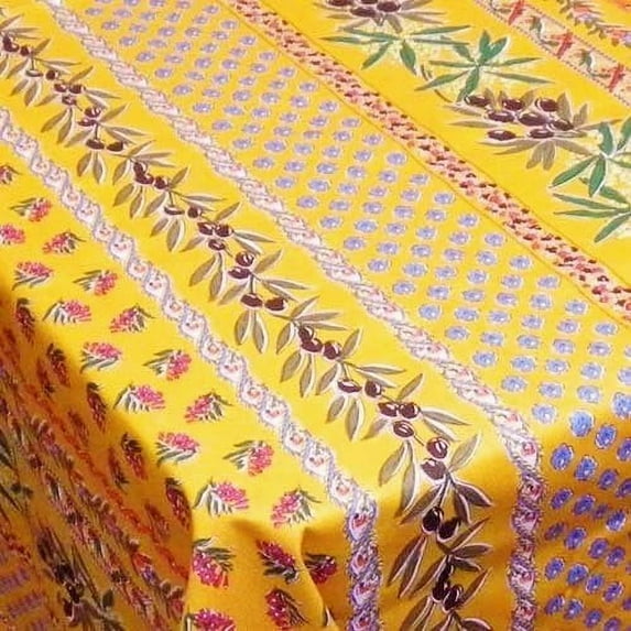 Le Cluny French Provence Yellow Tablecloth, 70" Round, Easy-care Wipe-Off, Coated Cotton Olives And Mimosas