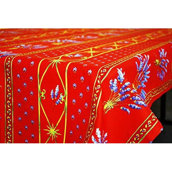 Le Cluny, Lavender Red French Provence 100 Percent Coated Cotton Tablecloth, 60 Inches x 96 Inches