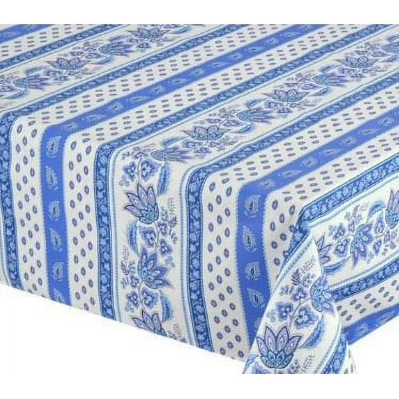 Le Cluny, Lisa White & Blue French Provence 100 Percent Coated Cotton Tablecloth, 60 Inches x 120 Inches