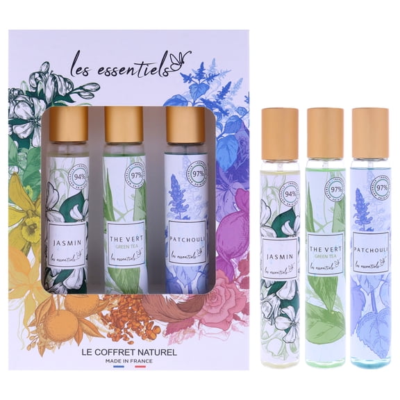 Le Coffret Natural Set by Les Essentials for Unisex - 3 Pc Gift Set 1oz Patchouli EDP Spray, 1oz Jasmin EDP Spray, 1oz The Vert EDP Spray