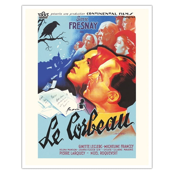 Le Corbeau - Starring Pierre Fresnay - Vintage French Movie Poster by Jacques Bonneaud c.1943 - Fine Art Matte Paper Print (Unframed) 16x20in