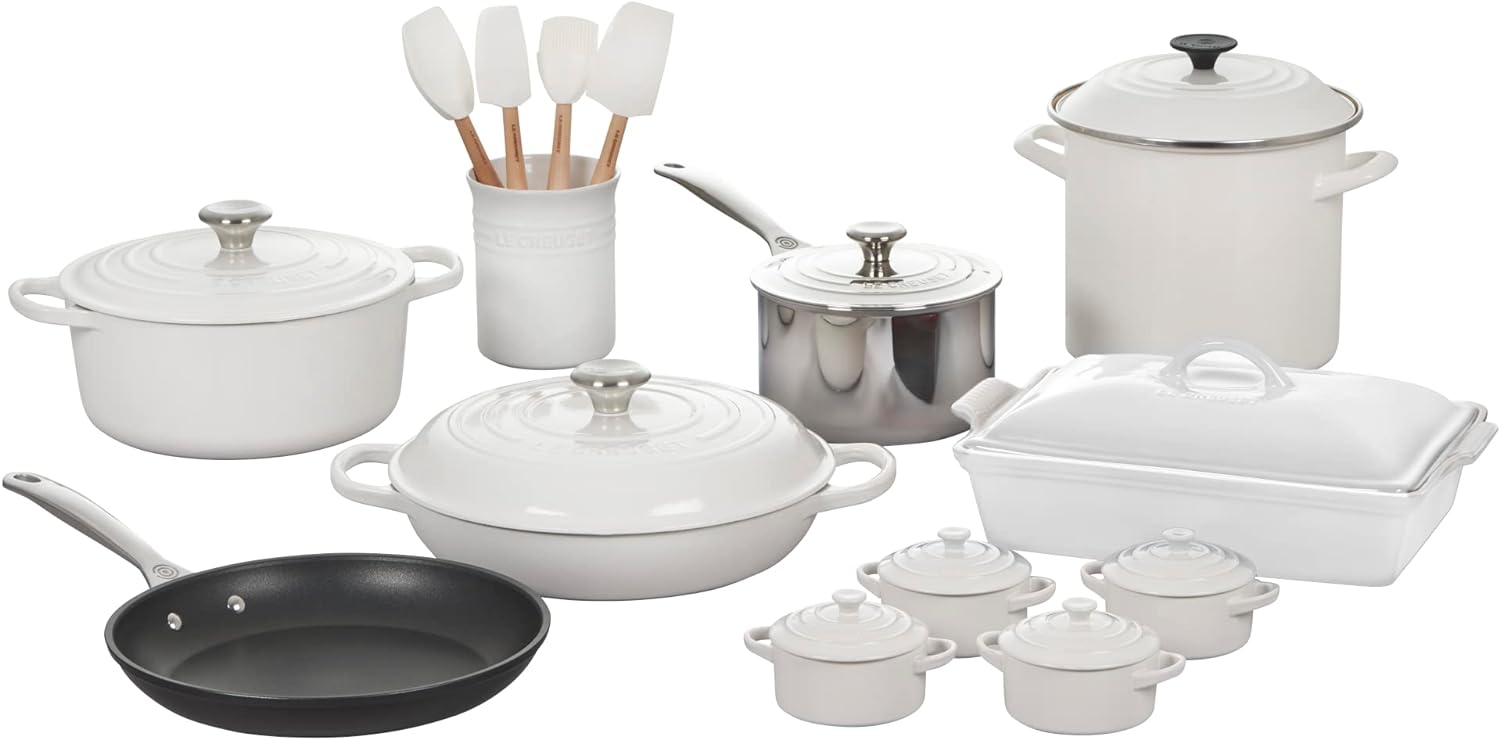 Le Creuset 20 Piece Mixed Material Cookware Set White with Stainless