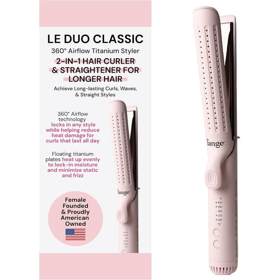 Le Duo Grande 360° Airflow 2 in 1 Straightener and Curler | 1 Inch Curling Wand & Titanium Flat Iron with 5.3" Plates | Hair Straightener & Curler for Long Hair (Blush)