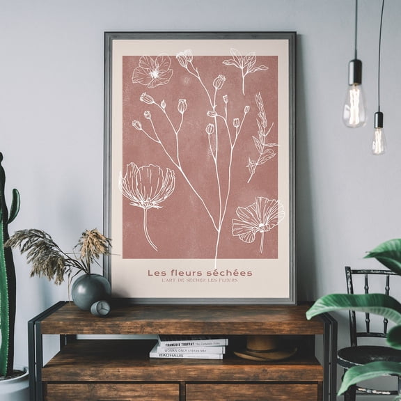 Le Fleur Art Print, Abstract Line Drawing Of Dried Flower On Pastel Pink Background, Retro Botanical Illustration Wall Art, Modern Wall Decor, 8x12 UNFRAMED