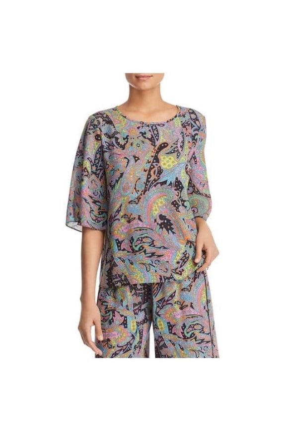 Women' Paisley-Print 3/4 Sleeve Jewel-Neck Blouse Top Black Large, $119