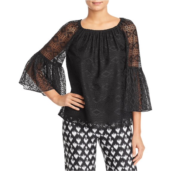 Le Gali Womens Lace Bell-Sleeve Pullover Blouse, Black, X-Large
