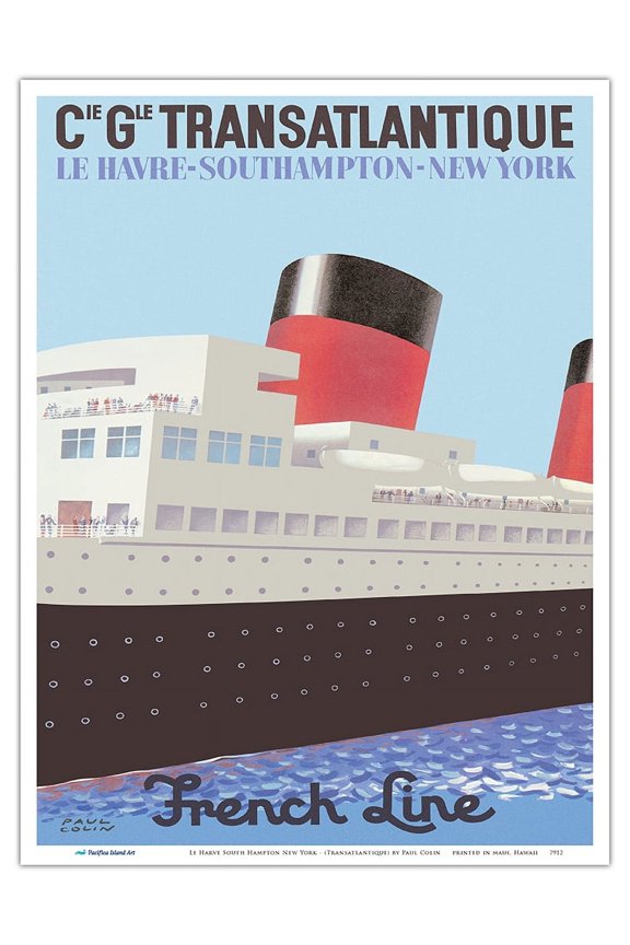 Le Harve South Hampton New York - French Line (CIE GLE Transatlantique) - Vintage Ocean Liner Travel Poster by Paul Colin c.1949 - Master Art Print (Unframed) 9in x 12in