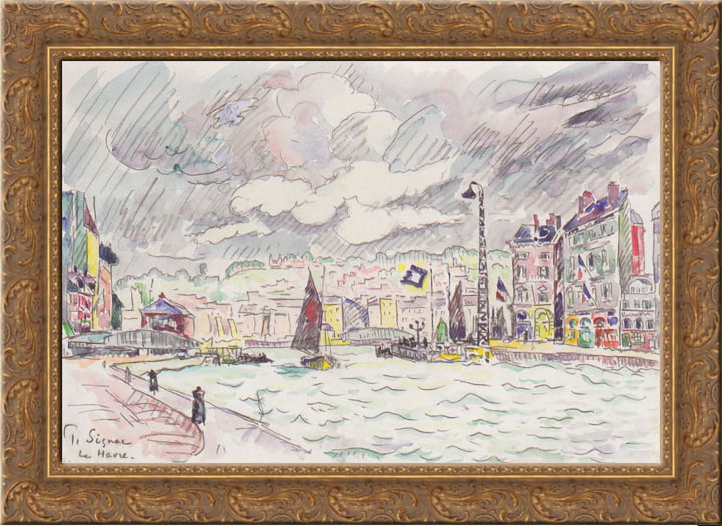 Le Havre with rain clouds 24x18 Gold Ornate Wood Framed Canvas Art by Paul Signac