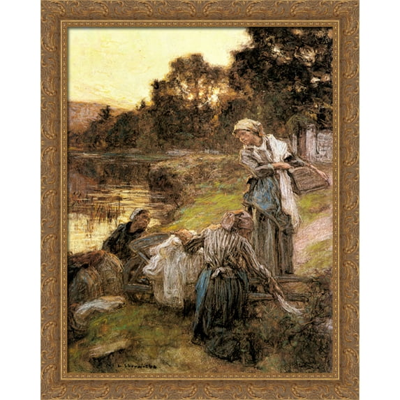 Le Laveuses au Bord de la Marne 28x34 Large Gold Ornate Wood Framed Canvas Art by Leon Augustin L'Hermitte