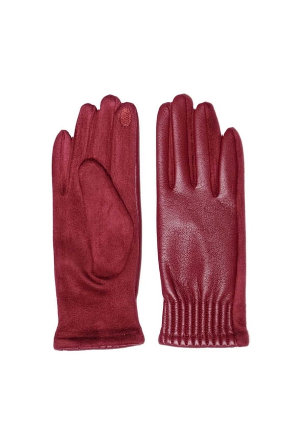 Women's Faux Leather Cinched Wrist Touch Screen Gloves (Red)