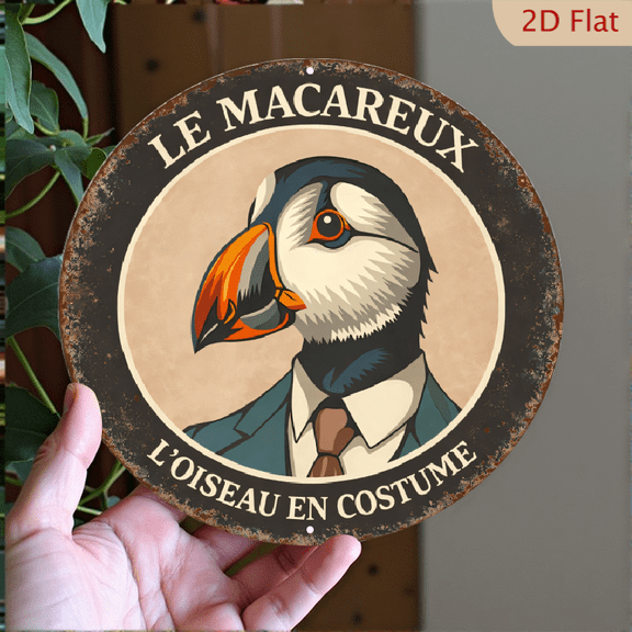 Le Macareux Retro Metal Wall Art, Round Aluminum Decorative Sign, 8x8 Inch Funny Puffin in Suit Portrait for Home Decor