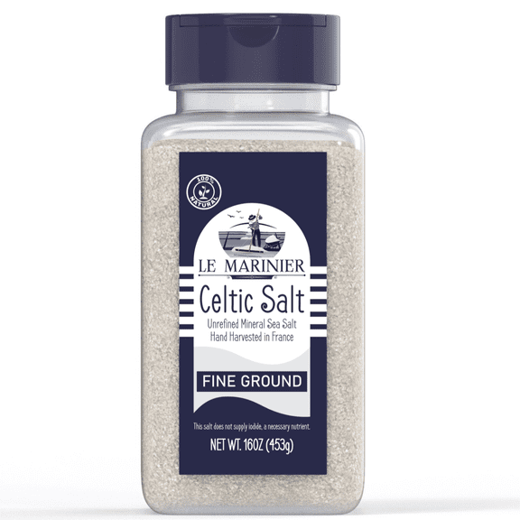 Le Marinier Celtic Salt Fine Ground, 1 lb - 16oz. Mineral Rich 100% Natural and Unrefined. Refillable Salt Shaker. Celtic Salt Organic with Vital Minerals. Hand Harvested (1 lb Fine Ground)