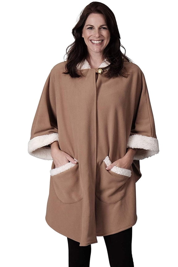 Fleece Wrap with Sherpa Trim Hoodie Camel One Size Fits All