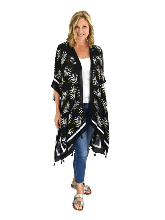 Women's Black Floral Kimono Shawl Beach Shirt Cover Up with Tassles