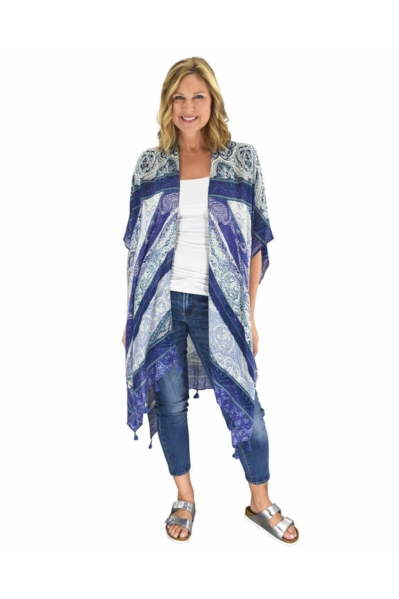 Women's Blue Paisley Kimono Shawl Beach Shirt Cover Up with Tassles